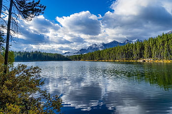 canada, west, rocky Mountains, alberta, lake, forest, national Park, landscape, clouds, reflection, water