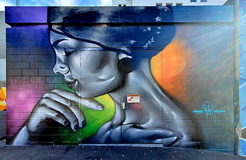 vernice d'arte di strada, aerografato, architettura, artista, mattone, costruzione, città, colorato, esterno, femmina, graffiti