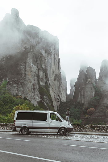 camion alb, cea mai slabă cale, Formațiuni de rocă în căldură, vedere senină, peisaj pitoresc, Parcare pe marginea drumului, Peisaje naturale, Atmosfera de ceață, aventură în aer liber, fotografii de călătorie, van viața