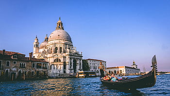 Benátky, gondola, santa maria della salute, pohled, jízda gondola, Lidé na gondole, voda, historické architektury, kanál, Itálie, cestovat