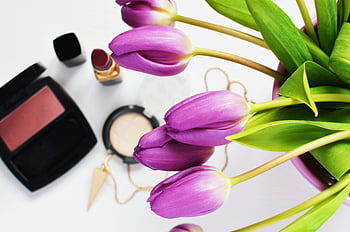 purple tulips, red lipstick, makeup, beauty flat lay, stylish beauty, cosmetic products, floral arrangement, beauty products, makeup items, purple flowers, beauty photography