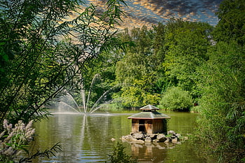 park, jezero, rybník, fontána, vodní paprsek, vodní prvek, křoví, stromy, les, banka, ostrov