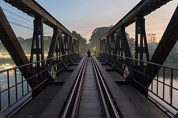 railroad, sunset, thailand, railway, bridge, kanchanaburi, nature, infrastructure, mistic, travel, kwai