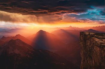 mountains, sunset, clouds, landscape, sky, sunrays, sunbeams, mountainous, mountain Ranges, mountain Landscape, cliffs
