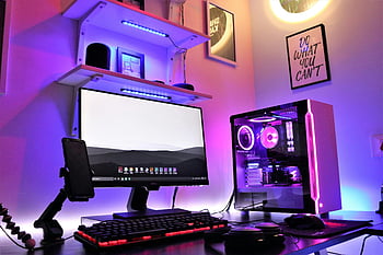 nastavení her, RGB osvětlení, stolní počítač, monitor, chytrý telefon, živý pokoj, Elegantní hraní, počítačový stůl, sluchátka, herní příslušenství, okolního osvětlení
