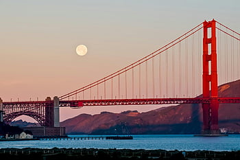 Golden Gate Bridge, San Francisco, západ slunce, úplněk, Kalifornie, krajina, voda, kopců, architektura, večer