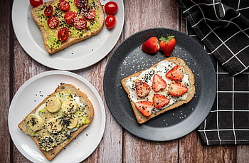 crostini, cibo, distesa piatta, prima colazione, frutta, diffusione, chia, Banana, avocado, fragola, salutare