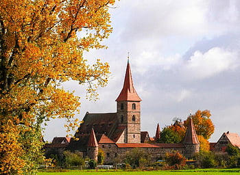 kilise, köy, bina, kule, ağaç, yapraklar, doğa, mimari, düşmek, sezon, orta Çağlar