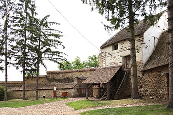 Criţ village, fortified church, medieval architecture, stone walls, surrounding trees, historical building, Brasov County, defensive towers, bohemian-style vault, organ gallery, 1813 construction
