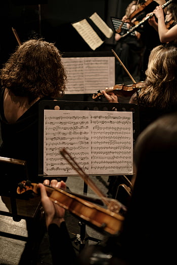 orchestra, musicians, playing violins, classical concert, musical notes, violin players, concert hall, sheet music, string instruments, live performance, ensemble