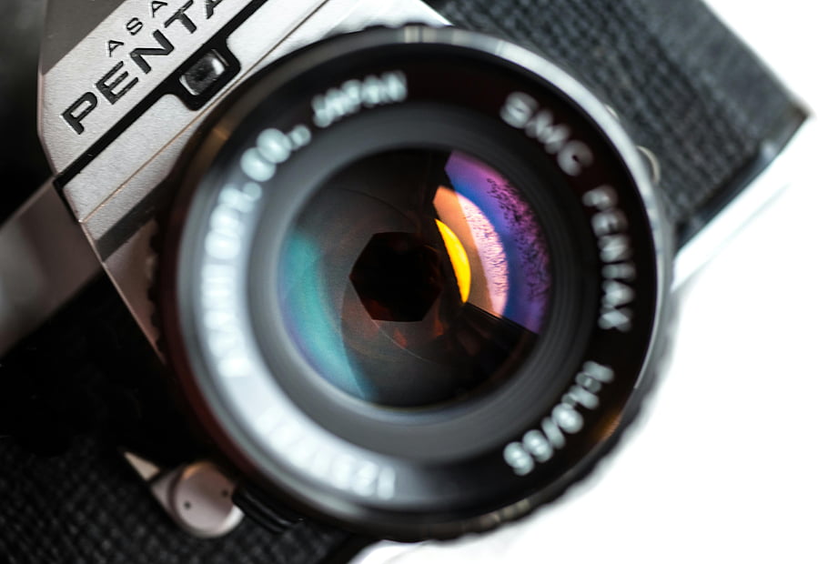 pentaxový fotoaparát, detail, kamerové čočky, klasický fotoaparát, Barevné odrazy, Podrobný výstřel, vinobraní fotoaparát, clona fotoaparátu, fotografické vybavení, Detail fotoaparátu, fotografování kamer