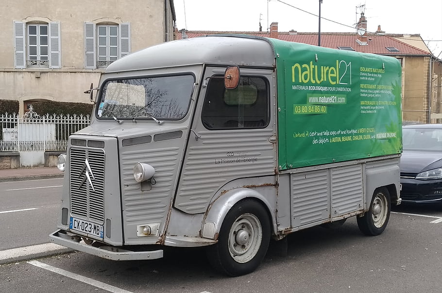 citroen, typ, h, dodávka, zelená, reklama, naturel21, vinobraní, kamionu, zaparkováno, ulice