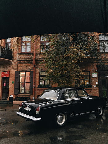černý sedan, zaparkované pod stromem, klasické auto, deštivé ulici, městských budov, ročník vozidla, mokré dlažby, panoráma města, podzimní listí, cihlová budova, retro automobil