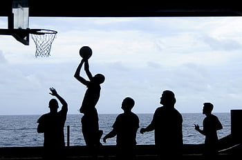 silhouette, men, playing basketball, ocean, striking visual scene, basketball game, seaside, sports, outdoor activity, team sport, recreation