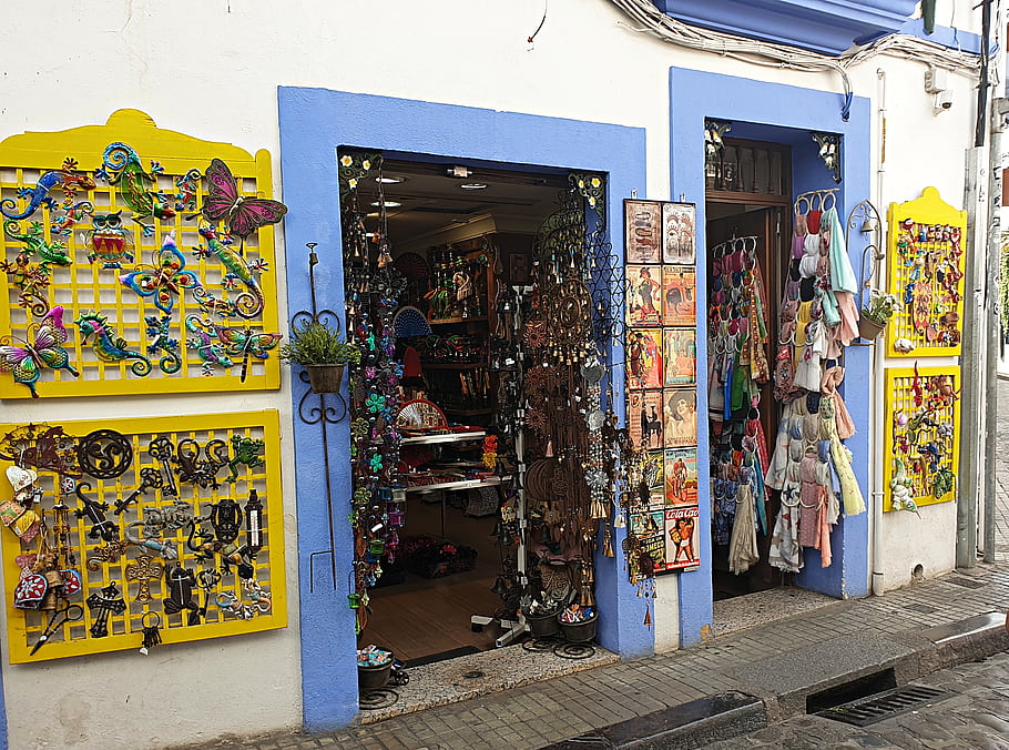 Cordoba, Andalusia, Spain, shop, souvenirs, colorful, decorations, jewelry, keychains, butterfly, ornaments