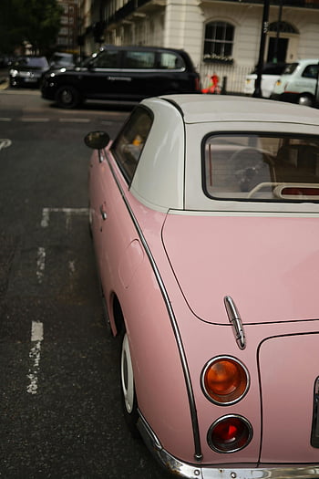 pink classic car, vintage pink car, white roof, urban street corner, classic automotive style, parking lot, vintage car, pink car, classic car, urban street, vintage style