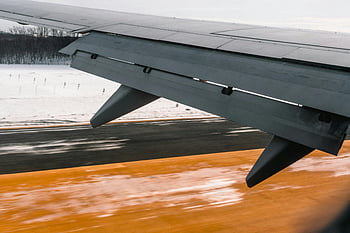 aircraft wing, airplane wing, snowy runway, landing, close-up, aviation dynamics, winter, flight, aircraft, airplane, runway