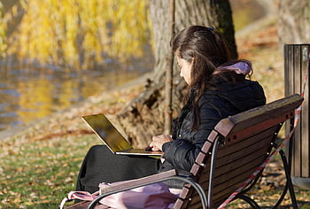 laptop, bench, woman, leisure, outdoors, seat, online