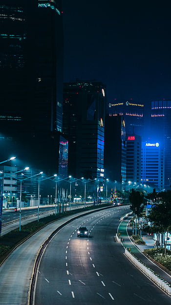 noční panoráma města, Jakarta Highway, Osvětlené mrakodrapy, pouliční osvětlení, Urban Night View, prázdná silnice, město v noci, Auto na dálnici, Noční městská scéna, jakarta city, noční provoz