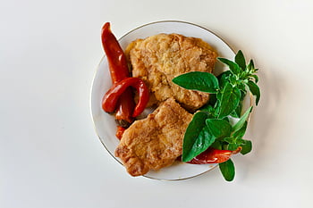 fried fish, chili pepper, mint, red peppers, fresh herbs, white plate, tasty meal, delicious food, seafood dish, healthy eating, appetizing meal
