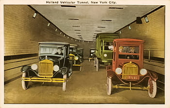 Holland Tunnel, 1927, Clifford M. Holland, vintage cars, New York City, automobile tunnel, Hudson River, postcard, ventilation system, mystery cars, historical drawing