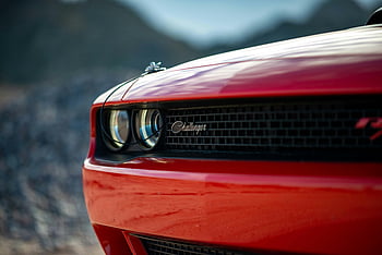 red car, close-up, grill, headlights, Dodge Challenger, front view, emblem, outdoor, detailed view, red Dodge, car front