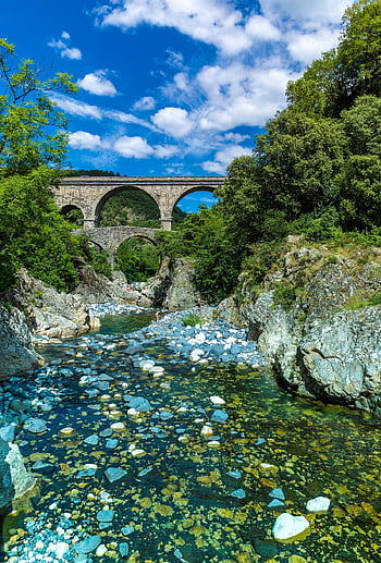bridge, ardeche River, river, landscape, nature, france, forest, mountain
