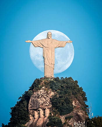 Kristus vykupitel, úplněk, Rio de Janeiro, Kultovní socha, socha Ježíše, měsíc pozadí, Kristus socha, Brazílie Landmark, Corcovado Mountain, náboženská památka, noční obloha