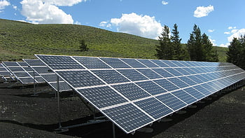 solar panels, black and silver, renewable energy, outdoor installation, sunny day, green hill, blue sky, white clouds, eco-friendly, sustainable technology, solar farm