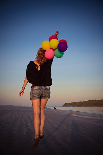 beach, woman, balloons, multicoloured, colorful, happy, satisfied, running, idea, sea, nature