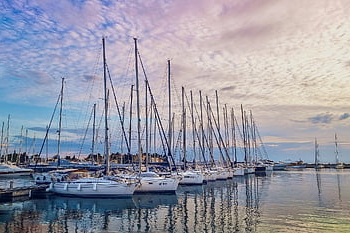 marina, jachty, lodí, kotvení, západ slunce, barvitý, nebe, mraky, slunečního světla, loděnice, přístav