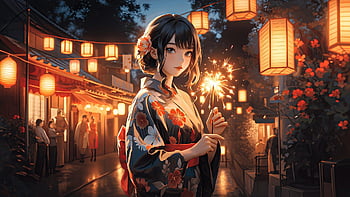 anime, hd Wallpaper, nature Wallpaper, japanese, kimono, festival, lantern, fireworks, beautiful Flowers, cinematic, beautiful Nature