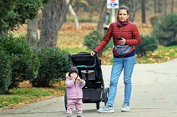 child, mother, stroller, family, woman, relaxing, outdoors, park, autumn