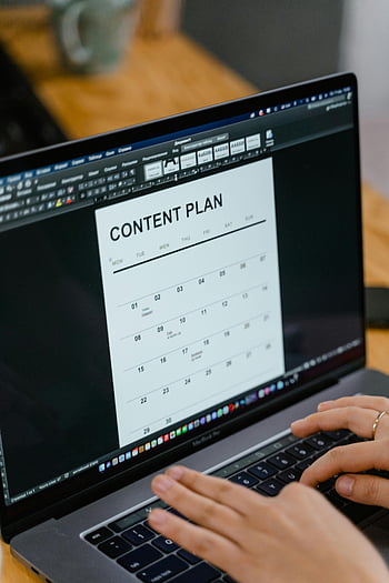 plán obsahu, ruce psaní, laptop, obchodní obsah, marketingového obsahu, detail, dokument, kalendář, práce, plánování, produktivita