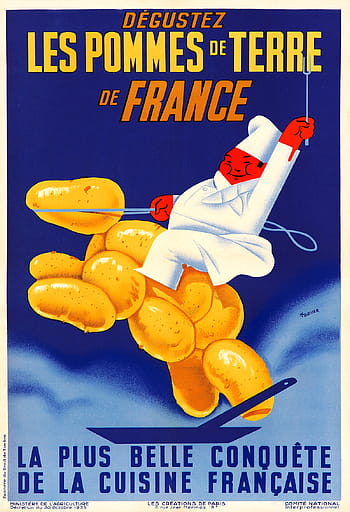 ビンテージ、 図、 広告、 レトロ、 ポスター、 ポテト、 フランス語、 料理、 シェフ、 1935年、 フランス