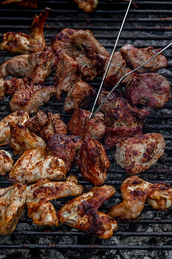 grilled meat, charcoal grill, seasoned chicken, outdoor meal, barbecue, close-up, delicious, grilling, chicken wings, meat skewers, barbecue grill