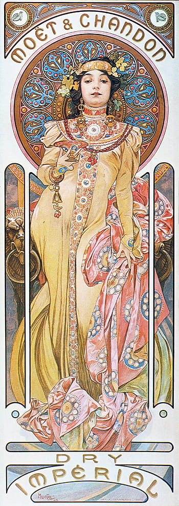 Alphonse Mucha, 아르누보, 핀업, 높은 해상도, Moet & Chandon, 드라이 제국, 1899 년, Mucha dedicated 앨범, 고품질 스캔, 빈티지 포스터, 장식 예술