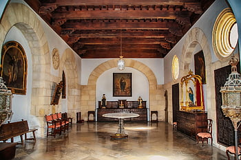 inside, church, ancient, the Ceiling, wood, lighting, lamp, arches, architecture