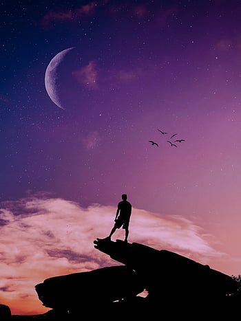 sky, sunset, landscape, nature, clouds, moon, night, fantasy, silhouette, sun, man