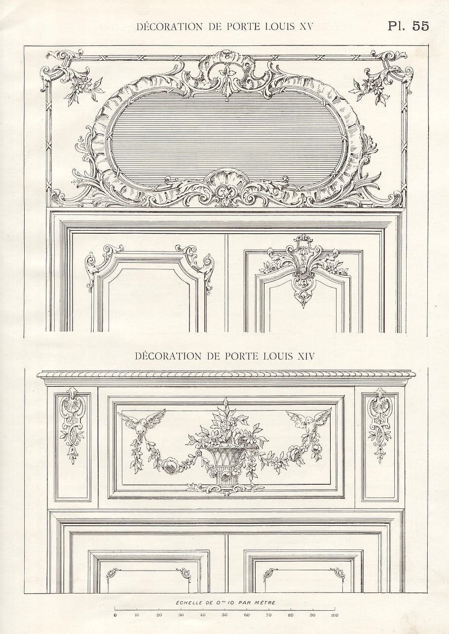 Louis XV, Louis XIV, door decoration, ornate design, floral pattern, architectural drawing, vintage illustration, French style, decorative elements, intricate details, historical art