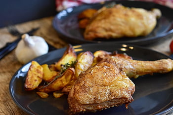 Hähnchen, Gericht, Lebensmittel, Mahlzeit, Mittagessen, Hühnerschenkel, Hähnchenkeule, Kartoffelecken, gebraten, gekocht, lecker