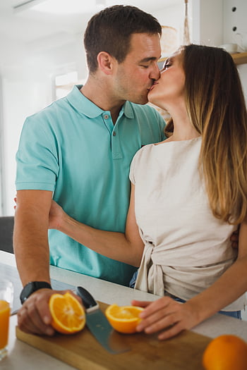 couple, kissing, love, kitchen, breakfast, relationship, people, together, female, happy, romantic