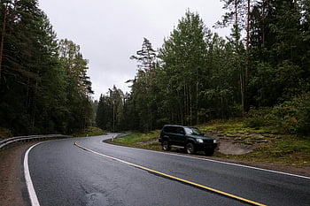suv nero, ciglio della strada, alberi verdi, strada curva, parcheggiato suv, Foreste lussureggianti, Ispirazione per il viaggio, strada forestale, fotografia di viaggio, guida naturalistica, itinerario panoramico