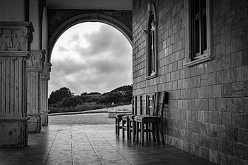 church, architecture, arch, chairs, stoa, light, ayios Epifanios, ayia Napa, cyprus, black And White