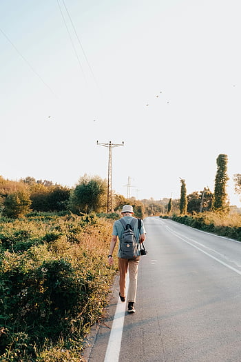 man walking, rural road, greenery, power lines, sunset, alone, side of the road, countryside, travel, adventure, nature