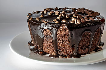 chocolate cake, close-up shot, luscious ganache, chocolate chips, white plate, dessert, baked goods, sweet treat, cake slice, chocolate topping, food photography