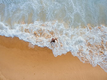 person walking on shore, high-angle aerial shot, beach, waves crashing, sand, ocean, seaside, coastal scene, beachgoer, waves, shoreline
