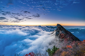 山、 ピーク、 雲、 雲海、 地平線、 日の出、 夜明け、 朝、 サミット、 秋、 紅葉
