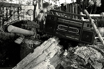 grayscale photography, radio, tree trunk, axe, retro boombox, log, rustic garden, black and white, outdoor setting, vintage electronics, nature backdrop