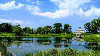 sky, lake, park, blue, calm, blue Sky, mood, clouds, sun, nature, reflection